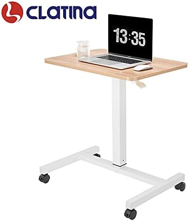 CLATINA Mobile Laptop Desk Pneumatic Sit to Stand Table Height Adjustable Rolling Cart with Lockable Wheels for Home Office Computer Workstation 28" x 19" Beige Round Edge Design Elegant