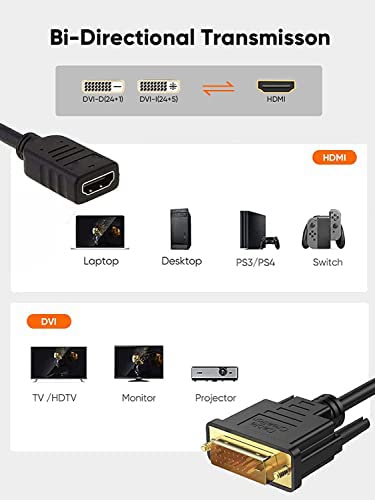 CableCreation HDMI to DVI Cable, 0.15 m Bi-Directional HDMI Female to DVI (24+1) Male Adapter Cable, HDMI DVI Conveter, Support 1080P, 3D, Gold-Plated, 0.5 Ft/Black