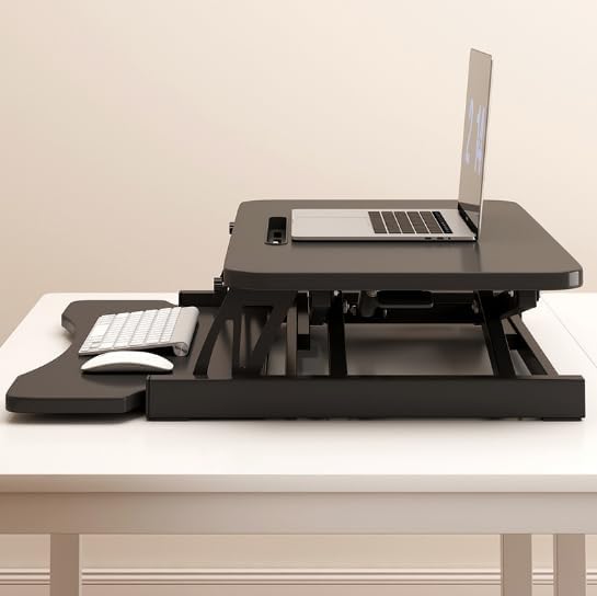 32 Inch Adjustable Standing Desk, Dual Monitor Sit Stand Desk with Wide Keyboard Tray for Table Home Office (Black)