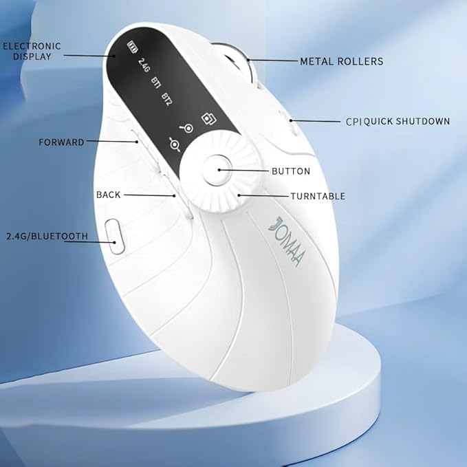 JOMAA Wireless 2.4G & Dual Bluetooth Three-Channel Ergonomic Vertical Mouse Adjustable DPI, Multi-Function Turntable for PC, Laptop, MacBook, Rechargeable (White)