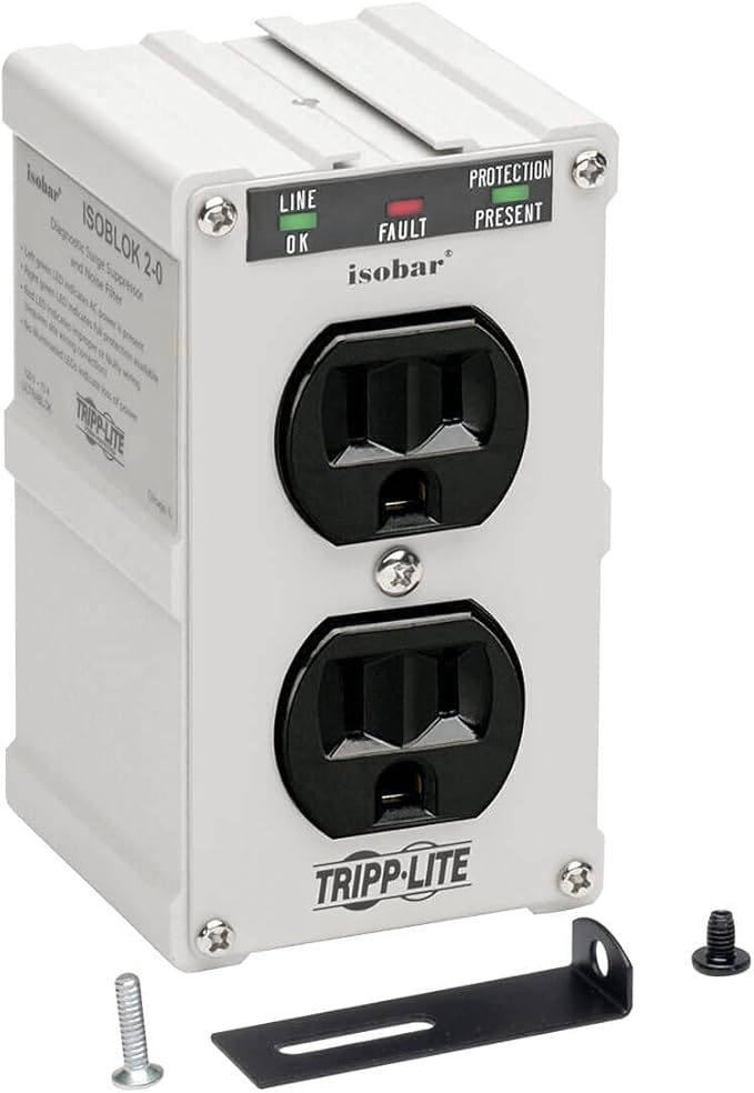 Tripp Lite Isobar ISOBLOK2-0 Heavy Duty Outlet Extender, Wall Power Strip Surge Protector, 2 Outlets, Direct Plug-in, White, Metal Power Strip, Industrial Garage Work Shop Bench