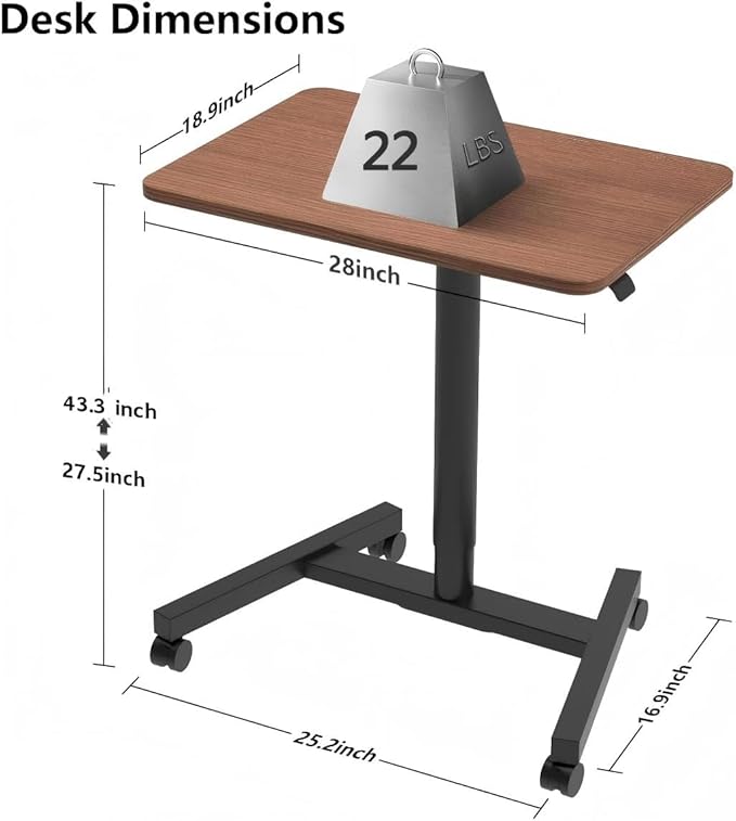 28-Inch Mobile Standing Desk, Adjustable Computer Desk, Portable Standing Desk with Lockable Wheels, Rolling Table for Home Office Classroom Hospital (Walnut)