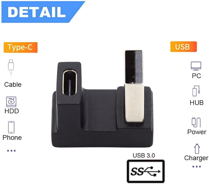 CY USB-C Type C Female Up Opposite U Shape Back Angled to USB 3.0 A Male Data Adapter for Laptop Desktop