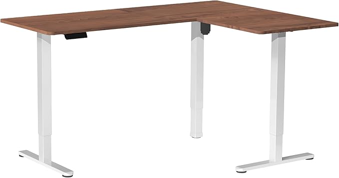 VIVO Corner Standing Desk, 63 x 47 inch Reversible L-Shaped Workstation, Electric Height Adjustment, Home, Office, and Reception Rooms, Dark Walnut Table Top White Frame, DESK-E3CTWD-47