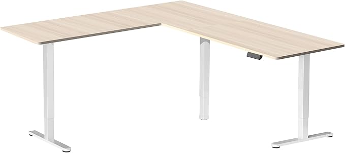 VIVO Corner Standing Desk, 75 x 63 inch Reversible L-Shaped Workstation, Electric Height Adjustment, Home, Office, and Reception Rooms, Light Wood Table Top White Frame, DESK-E3CTC-75