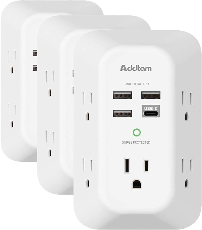 Addtam USB Wall Charger Surge Protector 5 Outlet Extender with 4 USB Charging Ports (1 USB C Outlet) 3 Sided 1800J Power Strip Multi Plug Outlets Wall Adapter Spaced for Home Travel Office ETL Listed