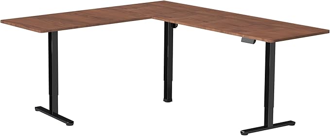 VIVO Corner Standing Desk, 75 x 63 inch Reversible L-Shaped Workstation, Electric Height Adjustment, Home, Office, and Reception Rooms, Dark Walnut Table Top Black Frame, DESK-E3CTD-75