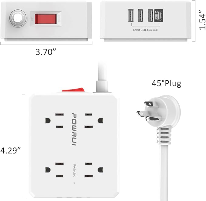 Surge Protector Power Strip - 15 Ft Flat Plug Extension Cord with 8 Widely Outlets and 4 USB Ports(1 USB C), 3 Side Outlet Extender for Home Office, White, ETL Listed