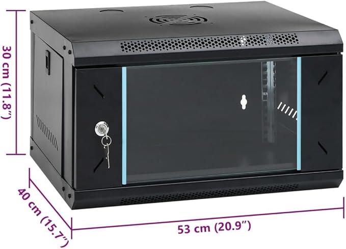 6U Wall Mount Network Cabinet, 19 Inch Server Data Rack, Lockable Toughened Glass Door, Cold-Rolled Steel Enclosure for Networking Equipment, 20.9x15.7x11.8 Inches