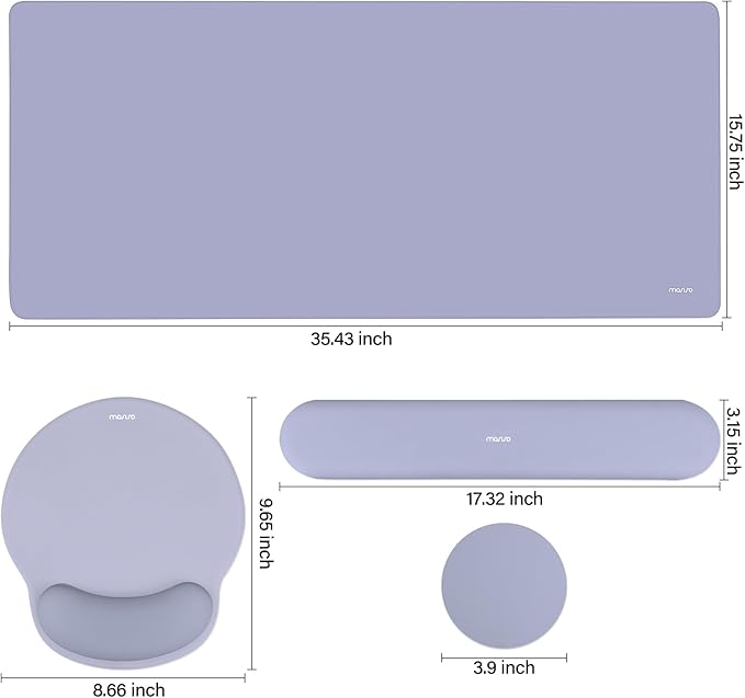 MOSISO Wrist Rest for Keyboard Mouse Pad Set, Large Gaming Deskpad&Circle Curved Mousepad&Keyboard Wrist Rest&Coaster, Ergonomic Non-Slip Mousepad&Easy Typing Pad with Silicone Lining, Lavender Gray