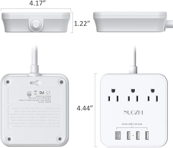 Cruise Essentials, NUOZHI 6 Ft Power Strip with 3 Outlets and 4 USB Ports(1 USB C), Non Surge Protector for Cruise Ship, Travel, Home Office, ETL Listed, White