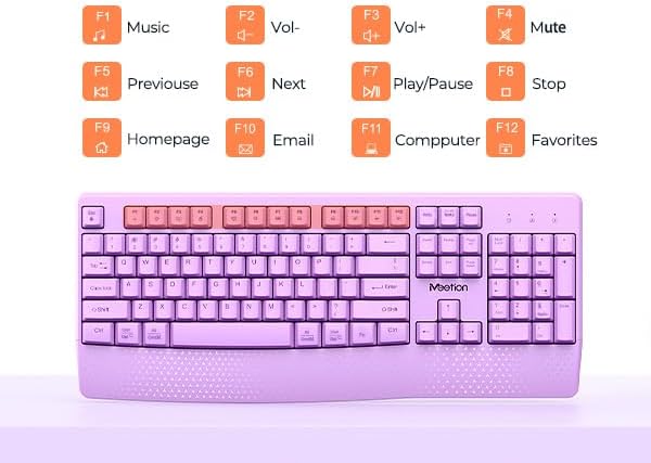 MEETION Purple Wireless Keyboard and Mouse, Full-Sized Cordless Keyboard with Wrist Rest, 3 DPI Adjustable Mouse, 2.4GHz USB-A Receiver Computer Keyboard for PC/Computer/Laptop/Windows/Mac, Purple