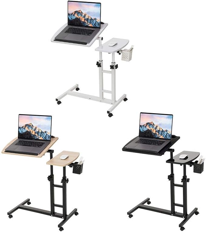 Adjustable Laptop Desk with Wheels, Overbed Bedside Desk, Wheels Height Adjustable Desk Cart,Standing Laptop Desk,Moveable Laptop Stand,Tilting Over Bed Table,Rolling Laptop Stand-White.
