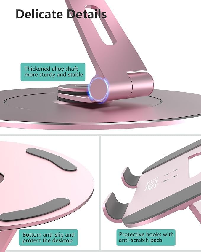 Ultra-Stable Aluminumy Laptop Stand for Desk with Foldable Phone Holder, Stylish Computer Stand for Women, Men Office, Printer Stand Fits Laptops, Pink