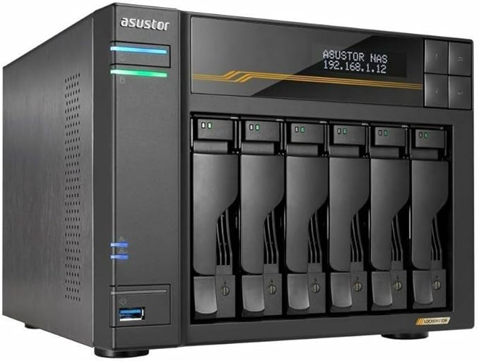 Asustor Lockerstor 6 Gen3 AS6806T 6 Bay NAS, AMD Ryzen Quad-Core 2.3 GHz, 16GB RAM ECC DDR5, 4 M.2 NVMe Slots, Dual 5GbE and Dual 10GbE Port, USB 4.0 Type-C, Network Attached Storage (Diskless) - Ryze