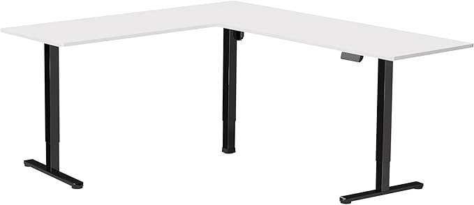 VIVO Corner Standing Desk, 84 x 63 inch Reversible L-Shaped Workstation, Electric Height Adjustment, Home, Office, and Reception Rooms, White Table Top Black Frame, DESK-E3CTBW-84