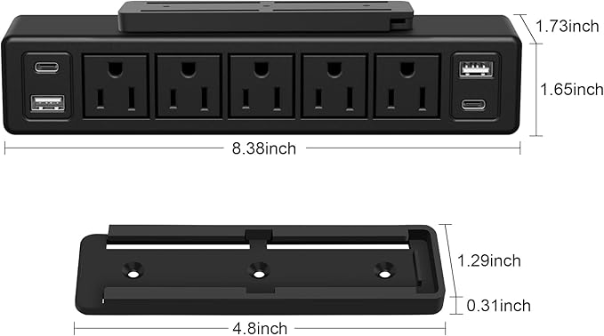 40W Under Desk Power Strip Mountable,20W USB-C Fast Charging Flat Plug Power Strip Surge Protector 1200J,9 in 1 Desk Outlet,5 Outlets,2 USB-C,2 USB-A,10FT Extension Cord Black
