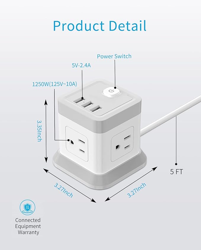 Power Strip with USB, FDTEK Flat Plug Extension Cord with 4 Outlets and 3 USB(1 USB C), 5 FT Power Cord Desktop Charging Station, Overload Protection, Compact Portable for Travel Home Office