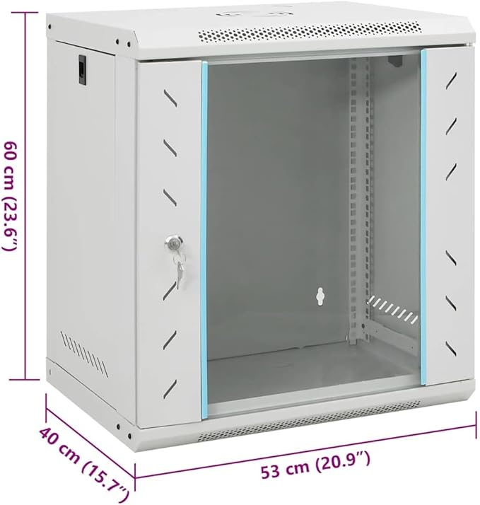 12U Wall Mounted Network Cabinet, 19-inch Server Rack Enclosure with Lockable Toughened Glass Door, Cold-Rolled Steel Data Cabinet for Home Office, 20.9 x 15.7 x 23.6 Inches