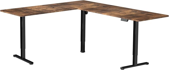 VIVO Corner Standing Desk, 75 x 63 inch Reversible L-Shaped Workstation, Electric Height Adjustment, Home, Office, and Reception Rooms, Rustic Vintage Brown Table Top Black Frame, DESK-E3CTN-75