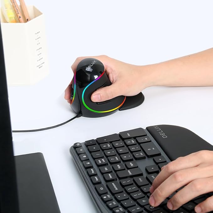 DELUX Ergonomic Vertical Mouse, Wired Ergo Mouse for Large Hands, 6 Programmable Buttons, Up to 12800 DPI, Removable Wrist Rest, Vibrant RGB Backlit, for Windows 7/8/10/XP/Vista (M618Plus RGB-Wired)