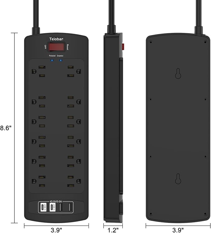6 Ft Extension Cord Power Strip, Teiobar Surge Protector with 12 AC Outlets and 4 USB Ports for Home, Office, Dorm Essentials, 1875W/15A, 2700 Joules, ETL Listed, Black