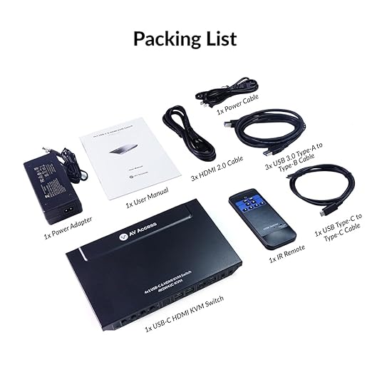 AV Access KVM Switch 1 Monitor 4 Computers (3 Desktops & 1 Laptop), USB-C Fast Charging for Laptop, 4K@60hz HDMI Display, 2xUSB 3.0, EDID, Hotkey or IR Remote, for 4 PCs Share 1 Keyboard&Mouse