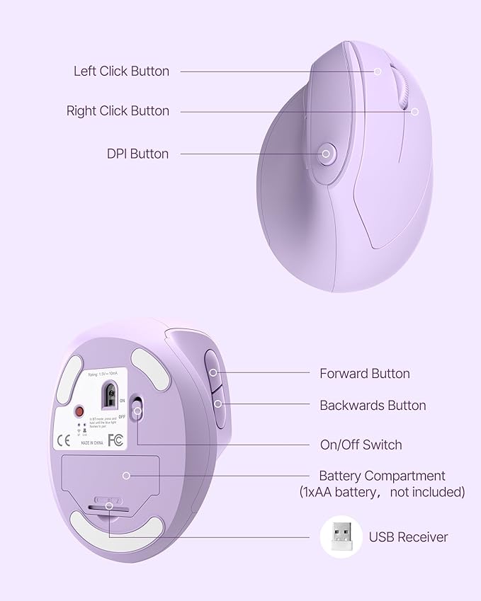 Ergonomic Mouse, USB+Bluetooth Dual Connection, Wireless Vertical Mouse for Reducing Wrist Pain, 1000/1600/2400 DPI, Ergo Mouse with Quiet Click for Windows Mac OS PC Computer Laptop, Purple