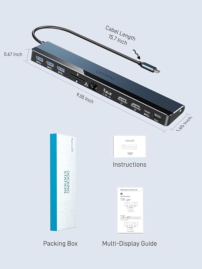 NewQ USB C Docking Station with Dual HDMI 4K, 100W PD-in, 12-in-1 Laptop Dock for Windows, MacBook, Chromebook