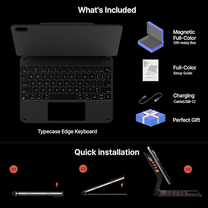 typecase Edge Keyboard Case for iPad 11th Gen A16 (2025) & 10th Gen 10.9" (2022) – Multi-Touch Trackpad, 11-Color Backlit Magic-Style Keyboard – Floating Magnetic Stand, Pencil Holder – Carbon Fiber