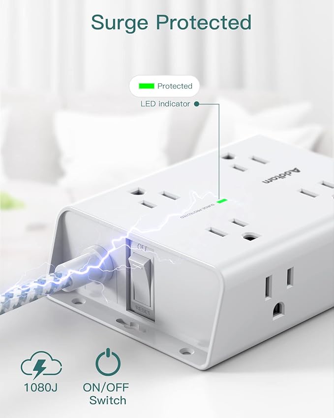 15Ft Long Surge Protector Power Strip, Addtam Extension Cord with 8 AC Outlets and 4 USB Ports(1 USB C), 3-Side Outlet Extender Strip, Flat Plug, Wall Mount, Dorm Home Office Essential, ETL Listed