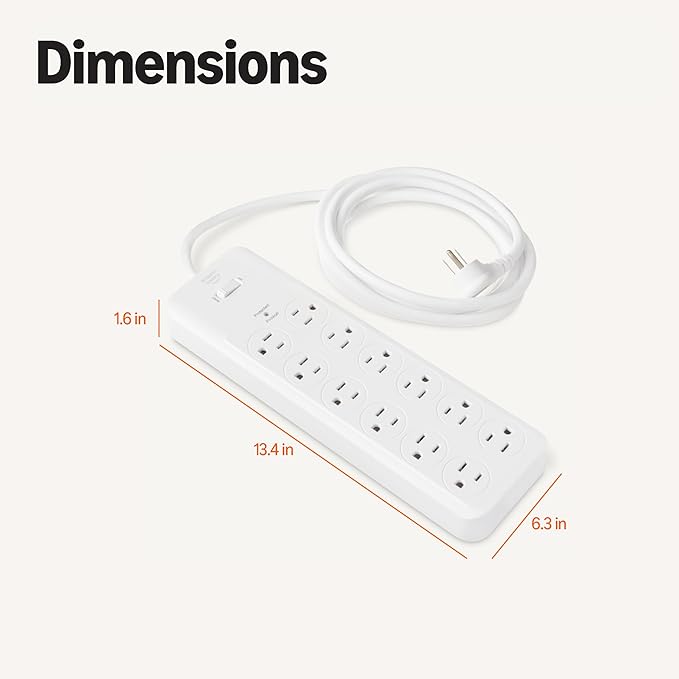 Amazon Basics 12-Outlet Surge Protector Power Strip, 4000 Joules, 8ft Extension Cord, Rectangle, for Home, Office, Gaming Room, White