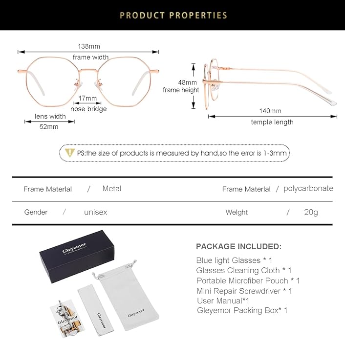 Gleyemor Blue Light Glasses for Women Men Vintage Octagonal Metal Gold Frame Computer Glasses