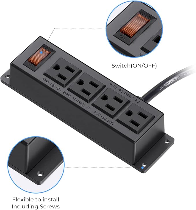 2 Packs Mountable Power Strip with 4 Outlet, Wall Mount Under Desk Power Strip with 10ft Cord, Flat Plug Power Socket for Home, Office, Industrial, Black 2PCS Power Strips