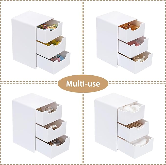 BTSKY 1 Pack Small Acrylic Storage Organizer with Drawers, 3-Layer White Desktop Organizer for Office Supplies Mini Storage Box with Drawers for Desk, Desktop Makeup Drawer Jewelry Storage Box