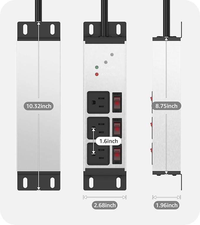 CCCEI 3 Outlet Heavy Duty Surge Protector Power Strip 20 Amp Individual Switches. 12 Gauge Extension Cord, Overload, Ground Protection. Garage Wall Mount Electric Extender, 4FT, Silver.
