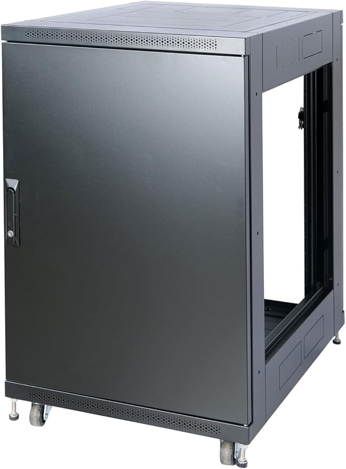 Tecmojo Fully Assembled 18U Network Cabinet AV Rack Black Equipment Rack Enclosure with Casters/Locking Doors with Dual Fan, PDU and Cantilever Shelf Installed (23.6inch DEEP Glass Door)