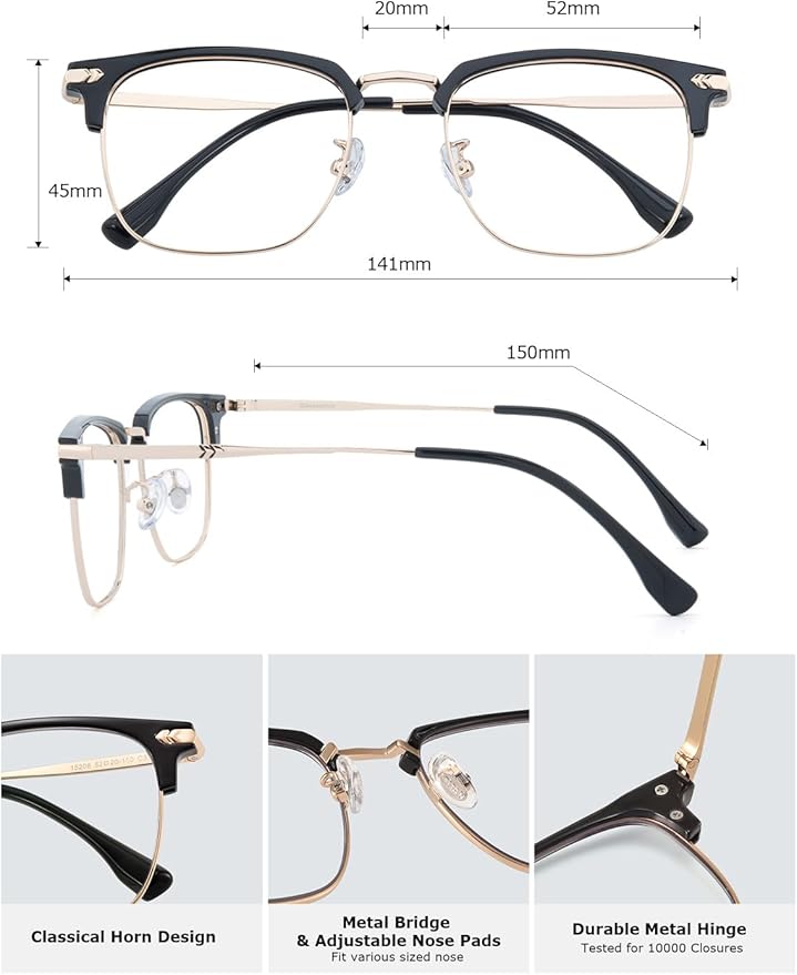 Blue Blocker Glasses for Men Metal Browline Computer Gaming Glasses Filter Blue Ray