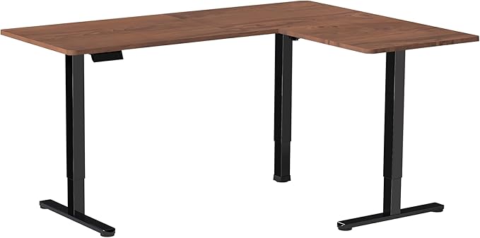 VIVO Corner Standing Desk, 63 x 55 inch Reversible L-Shaped Workstation, Electric Height Adjustment, Home, Office, and Reception Rooms, Dark Walnut Table Top Black Frame, DESK-E3CTD
