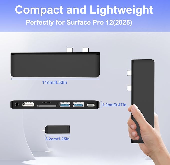 Surface Pro 12 USB Hub Adapter, Docking Station with 4K HDMI, USB-C Thunderbolt 4 (Display+Data+100W PD), 2 USB 3.0, 3.5mm Audio, SD/TF Card Slot, Accessories for Surface Pro 12 inch 2025