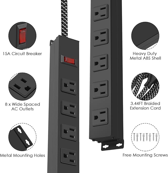 8 Outlet Power Strip - Metal Power Strip with Switch,Wide Spaced Moutable Surge Protector 1200J,3ft 14Awg Braided Cord,Home Office Industrial Garage Commercial