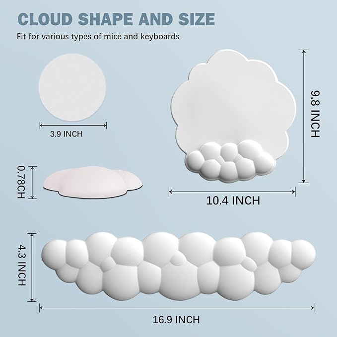 Cloud Keyboard Wrist Rest and Mouse Pad with Wrist Support Set, Ergonomic PU Leather Mouse Pads, Pain Relief Memory Foam Non-Slip Mousepad for Computer,Laptop,White