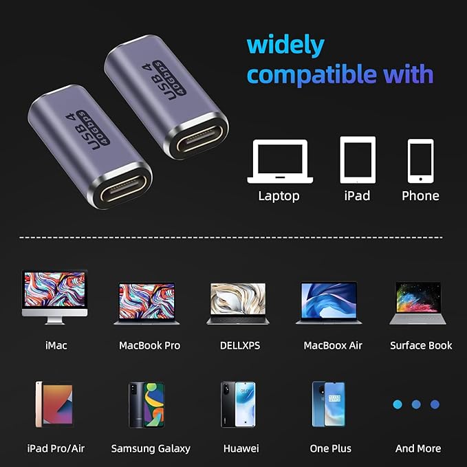 USB C Female to Female Adapter,USB c Coupler Female to Female 100W Power Delivery, 40Gbps USB c to c Female with 8K 60Hz Video Display Compatible for iPad, MacBook,Thunderbolt 4/3 (2Pack)
