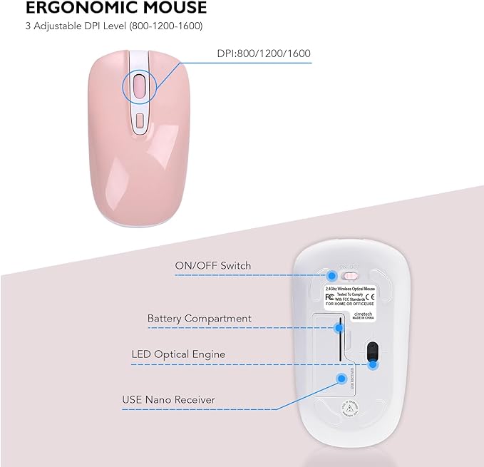 cimetech Wireless Keyboard and Mouse Combo, Compact Silent Ergonomic Scissor Switch Keyboard and Optical Mouse Set, 2.4G Lag-Free Cordless Keyboard Mice for Computer, Mac, Laptop, PC, Windows - Pink