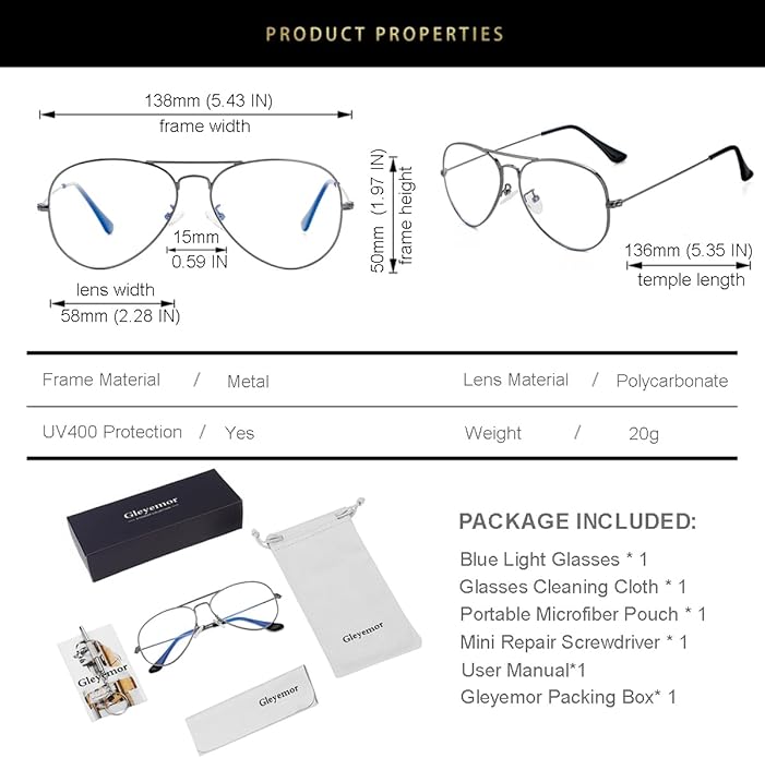 Gleyemor Blue Light Aviator Glasses for Women Men, Metal Frame Anti Blue Light Lens Computer Glasses