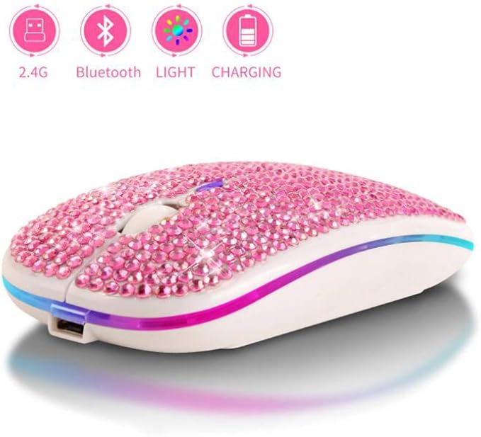 Bluetooth Mouse,Bling Dazzling 2.4GHz Rechargeable Wireless Mouse Slim Mouse with USB Receiver, Compatible with Notebook, PC, Laptop, Computer, MacBook,Great Present idea for Her (Pink)