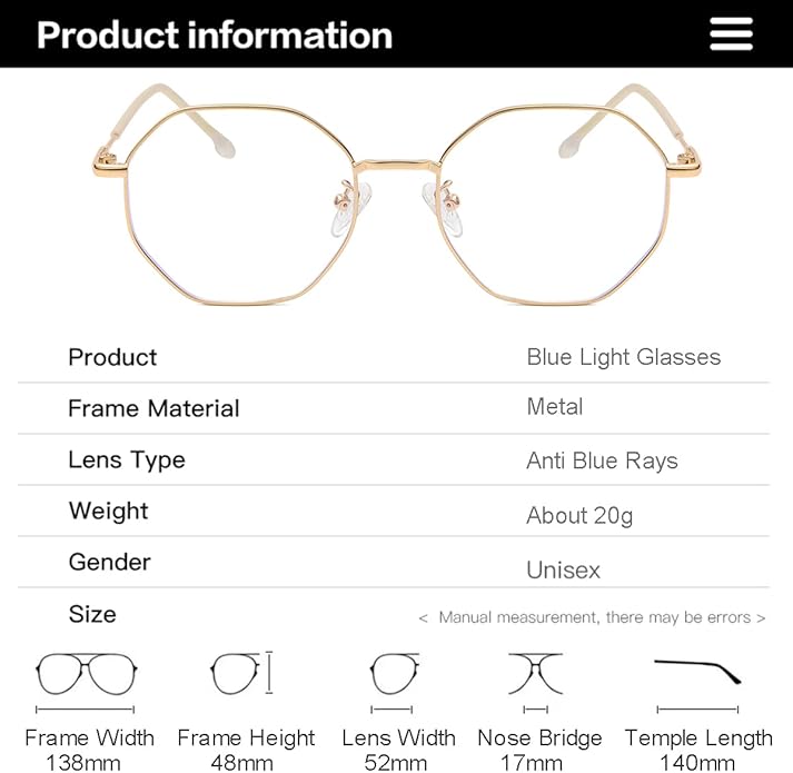 Gleyemor Blue Light Glasses for Women Men Vintage Octagonal Metal Gold Frame Computer Glasses
