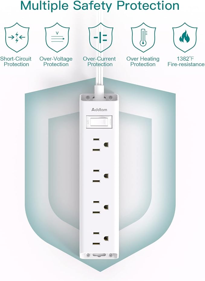 Flat Plug Power Strip, Ultra Thin Flat Extension Cord - Addtam 12 Widely AC 3 Sides Multiple Outlets, 5Ft, Wall Mount, Desk Charging Station for Home Office Dorm Room Essentials