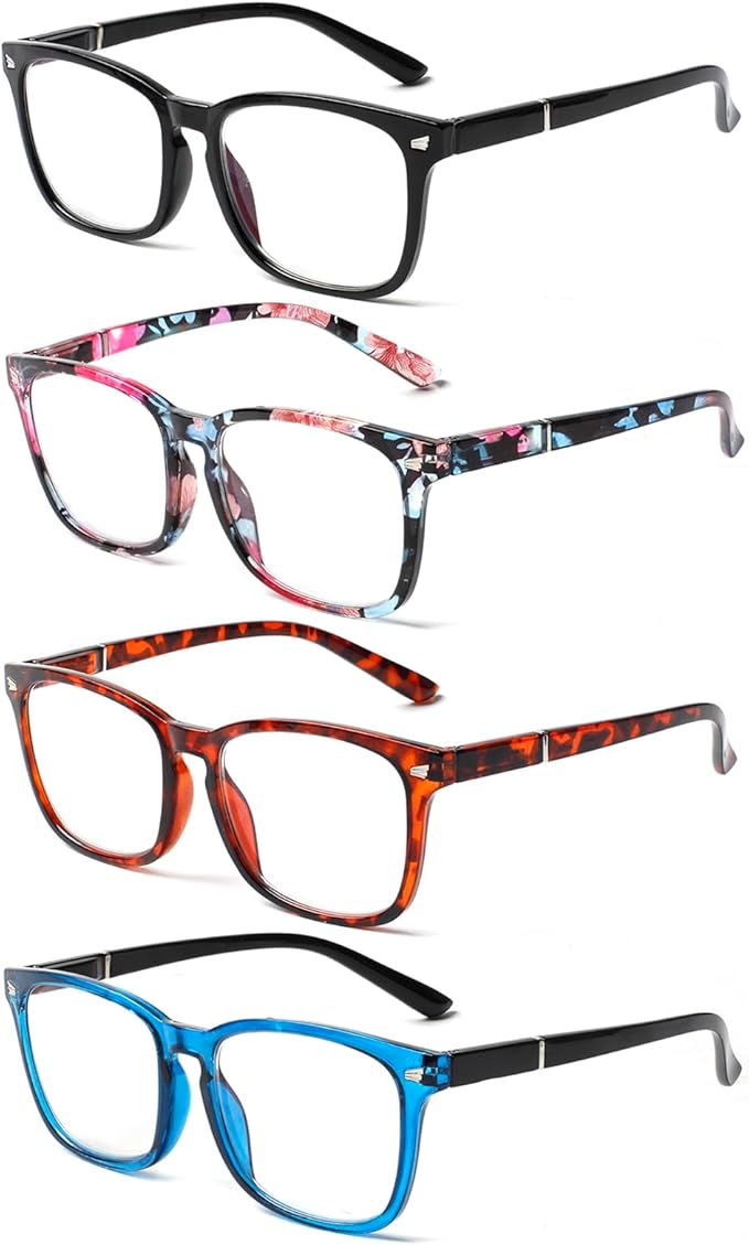 Henotin 4-Pack Blue Light Blocking Reading Glasses Women Men,Spring Hinge Computer Readers,Anti UV Ray Square Nerd Eyeglasses (Mixed Color-C, 2.25)