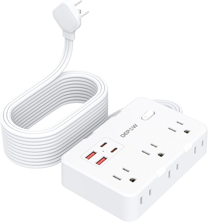 Surge Protector Power Strip with Flat Plug, 10 FT Extension Cord with 6 AC Outlets 4 USB Ports(2 USB-C),1050J Surge Protection, Wall Mountable Charging Station for Office, Home, White